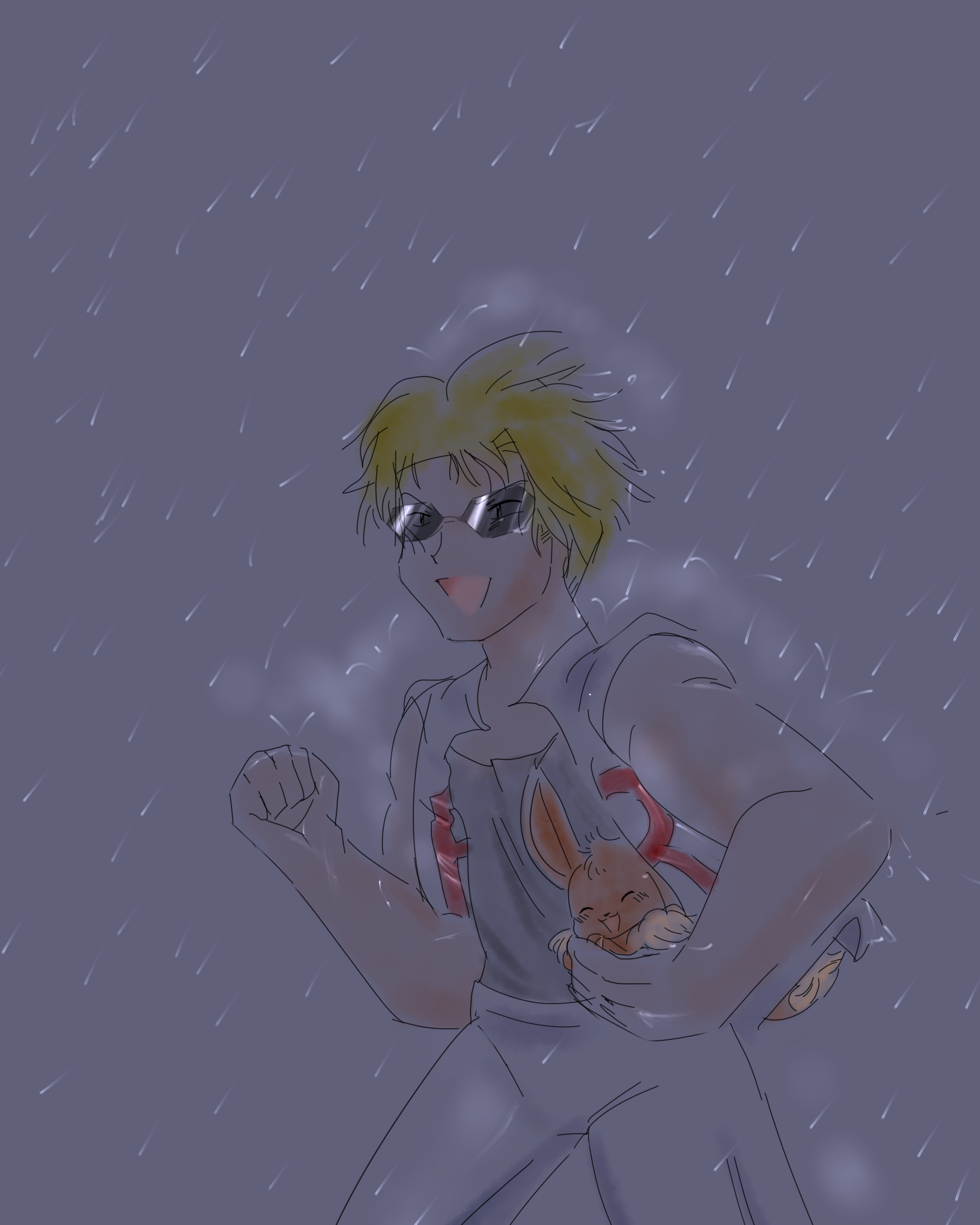 Buson running in the rain with Evie tucked under his arm and jacket, both look happy.